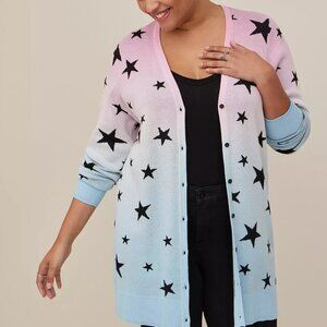 TORRID Boyfriend Cardigan Pink/Blue Ombre with Black Stars - Size 2XL